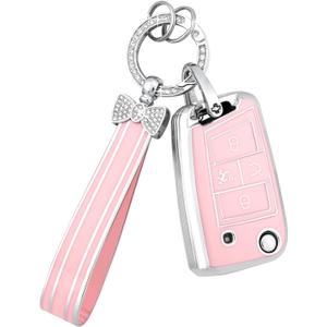 PIFOOG Key Fob Cover for Volkswagen VW Tiguan Jetta Golf GTI Altas S Pink 4 Button Car Keys Case Shell Full Covers Accessories Bling Keychain Protector Girly Women TPU