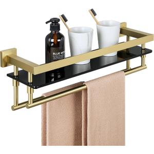 Alise Bathroom Glass Shelf with Double Towel Bar, Tempered Glass Bathroom Shelf Wall Mounted, SUS304 Stainless Steel Modern Floating Shelf, Brushed Gold, 20 inch (Gold and Black)