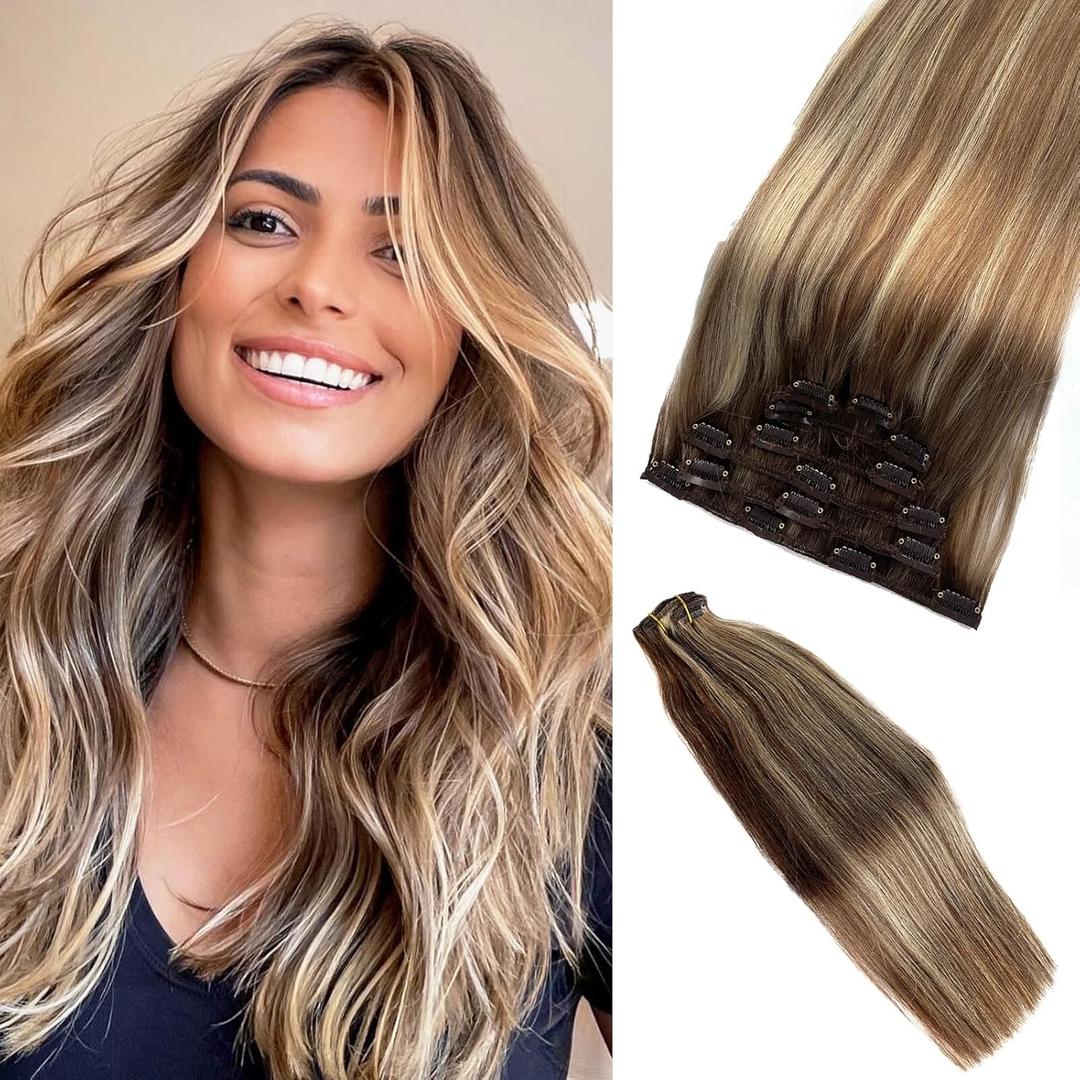 Human Hair Clip in Extensions, Real Hair Extensions Clip in Human Hair Extensions 20 Inch Balayage Brown to Blonde Extensions Clips on Hair 7pcs 70G (#4P27)