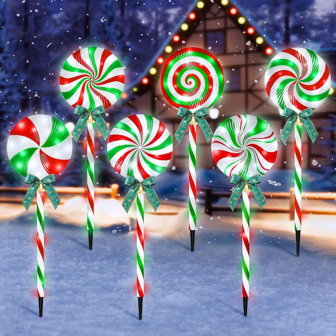 6 Pack Christmas Lollipop Pathway Lights Outdoor with Bows, 22.8" 120 LED Peppermint Candy Cane Lights 8 Modes Timer Waterproof for Xmas Garden Yard Outsides Decoration (Green Red White)