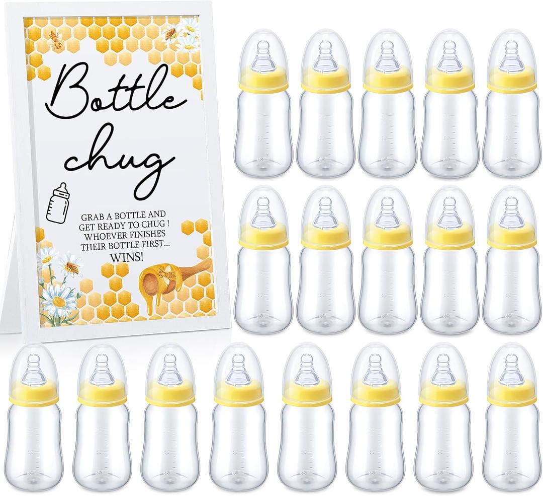 Roowest Bottle Chug Baby Shower Game Favors Including Bee Theme Wooden Sign and 18 Pcs Baby Bottles for Gender Reveal Party Supplies (Yellow)