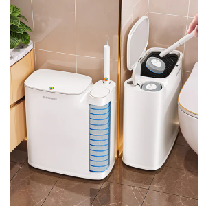 Joybos Bathroom Trash Can Set Narrow White Plastic Small Trash can, a Toilet Wand, Toilet Brush Holder and 36 Refills, 2 Gallon Trash can with popup lid, Suitable for bathrooms and Small Toilets.