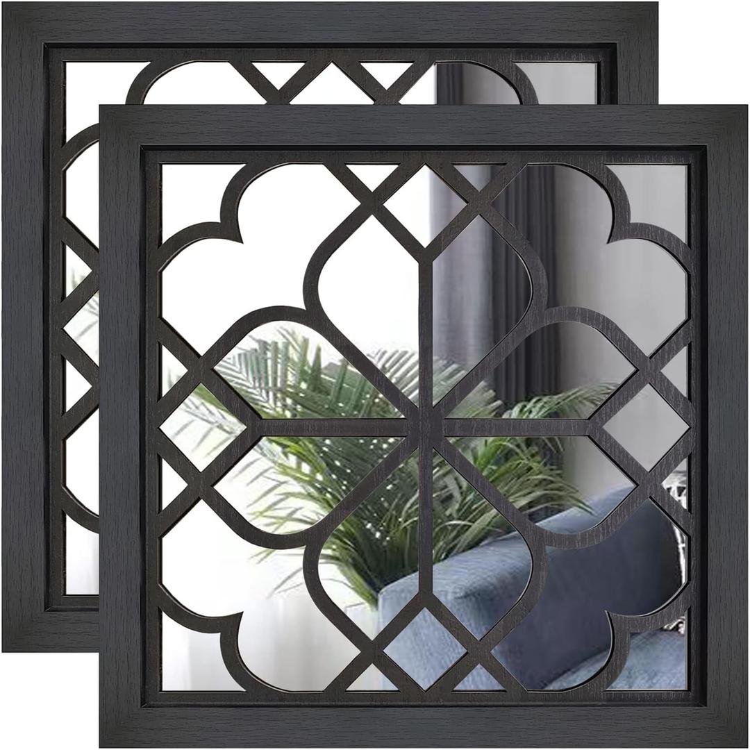 Wocred 16inch 2 PCS Square Wall Mirror,Gorgeous Rustic Farmhouse Accent Mirror, Black Color Entry Mirror for Bathroom Renovation,Bedrooms,Living Rooms and More.