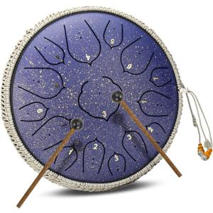 Steel Tongue Drum ChunFeng 14 Inch 15 Notes Steel Drums For AdultsHand Pan Drums With Music Book,Handpan Tongue Drum Mallets and Carry Bag,Lotus D Major(Blue)