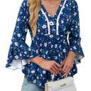 VALOLIA Fall Tops for Women 2025 Womens V Neck Tunic Tops 3/4 Sleeve Womens Tops Dressy Casual Office Clothes Flowy Shirts Flower Blue Medium (M)