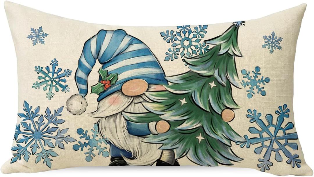 Winter Blue Gnome Lumbar Decorative Throw Pillow Cover 12 x 20, Pine Tree Snowflake Rectangle Cushion Case Decor, Christmas Holiday Seasonal Home Decoration for Sofa Couch
