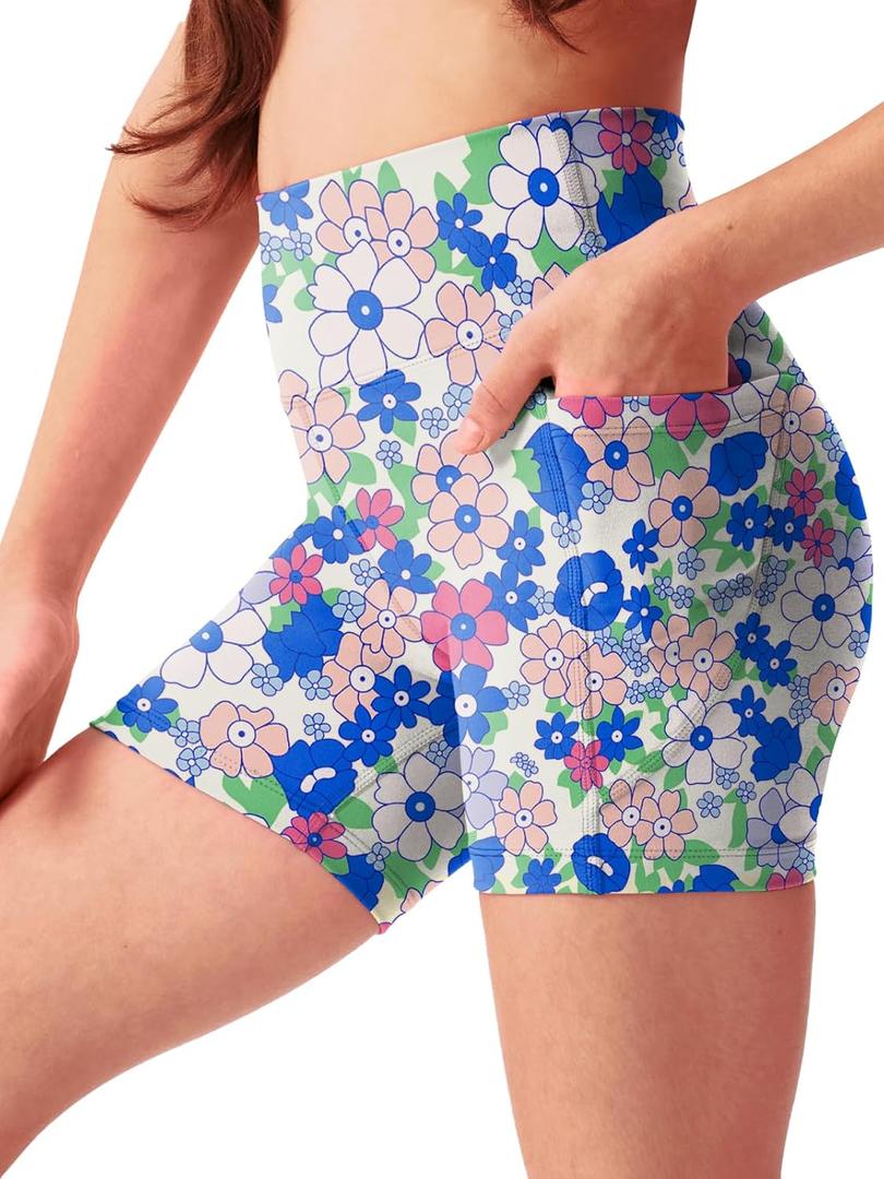 Girls 4'' High Waisted Biker Shorts, Stretchy Athletic Workout Running Shorts for Kids and Teens (Large, Blue Floral)