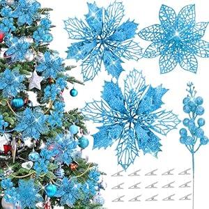 36Pcs Glitter Poinsettia Flowers Berries Stems Ornaments Kit, 24Pcs Artificial Flowers with Clips and 12Pcs Berry Picks Floral Decorations for Christmas Tree Wreath Fireplace Xmas Party Decor (Blue)