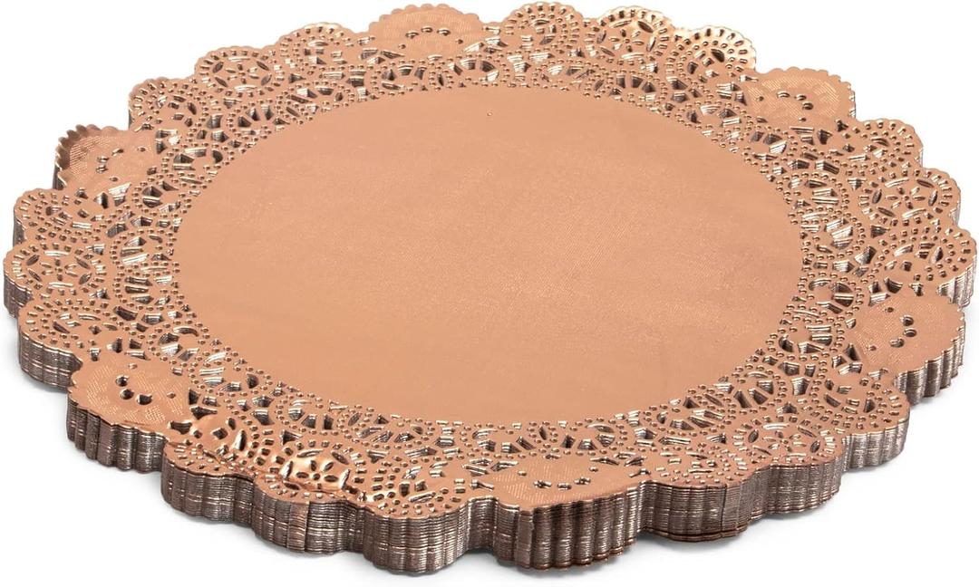 Juvale Rose Gold Lace Doilies - 12-Inch Round, 100 Pack - Disposable Table Doilies Rose Gold & Disposable Paper Placemats Bulk for Cakes, Pastries & Events