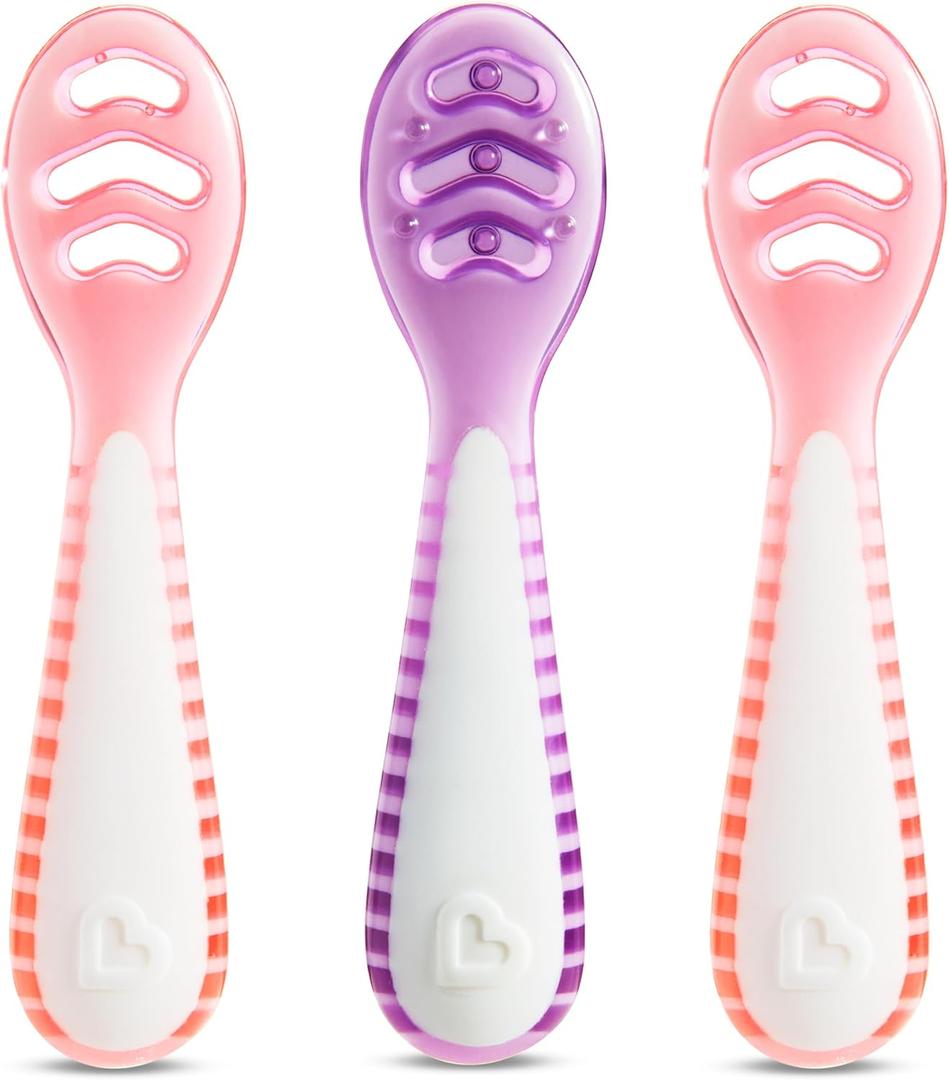 Munchkin Gentle Dip Baby Spoons for Self Feeding and Baby Led Weaning, 3 Pack, Pink/Purple