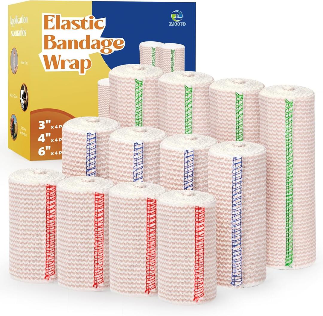 12 Pack Elastic Bandage Wrap (4x3", 4x4", 4x6") | Premium Compression Wrap Bandage for Wounds Medical Bandage Latex Free Stretchy Bandage Wrap for First Aid Sports Protection Injury Recovery