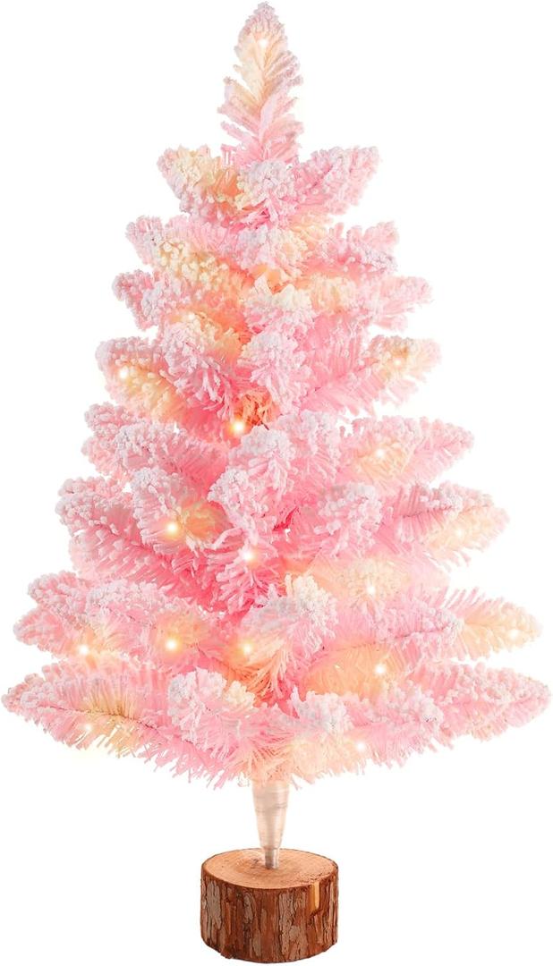Gloreyan 2FT Artificial Christmas Tree with Lights Lighted Pink Tabletop Christmas Tree Light Up Battery Operated Snow Flocked Mini Xmas Pine Tree for Party Supplies Holiday Home Decoration