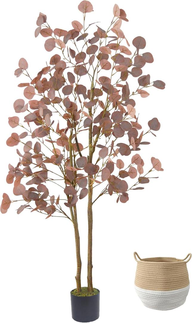Artificial Eucalyptus Tree, 5ft Fake Eucalyptus Plant with Basket, Red Silver Dollars Silk Leaves Faux Tree for Home Office Perfect Housewares Gift Decoration