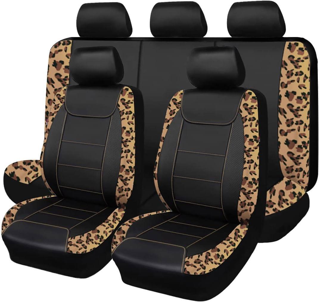 Flying Banner car seat Covers Protects Leopard Printing Velvet Faux Leather Carbon Fiber Front and Rear Bench (Leopard Brown Black, Full Set - 8PCS)