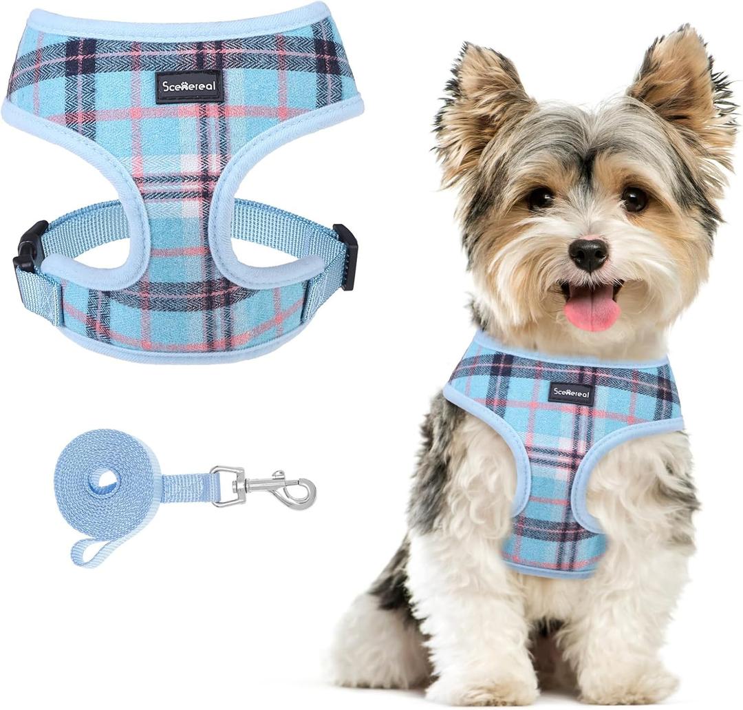 SCENEREAL Puppy Dog Harness with Leash Set for Small Medium Sized Dogs, Soft Mesh Pet Harnesses and Leash, No Chock Plaid Adjustable No Pull Vest for Dogs Cats, Chihuahua,Bulldog (Blue S) (S: Chest Girth: 14"-18")