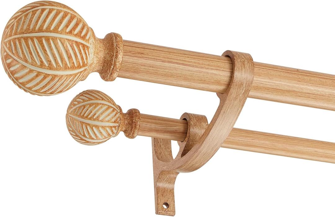 Wood Double Curtain Rods Set for Windows 140 to 164 Inches (11 to 14 ft), Adjustable Heavy Duty Dual Drapery Rods, 1 Inch Boho Rustic Decorative Design with Imitation Wood Grain Leaf Finials