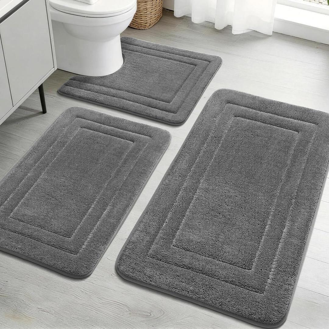 YIHOUSE Bathroom Rugs Sets 3 Piece, Towel-Like Soft Absorbent Thick High Density Memory Foam Bath Mat Set, Non-Slip Machine Washable Bath Rugs for Bathroom, Tub & Shower, Dark Grey