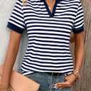 LilyCoco Striped Shirt Women V Neck T Shirts Short Sleeve Color Block Summer Tops Notch Navy X-Large (Blue, XL)