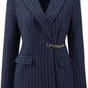 Women's Striped Blazers Lapel Collar Chain Decor Long Sleeve Work Office Jackets (Large, Navy Blue)