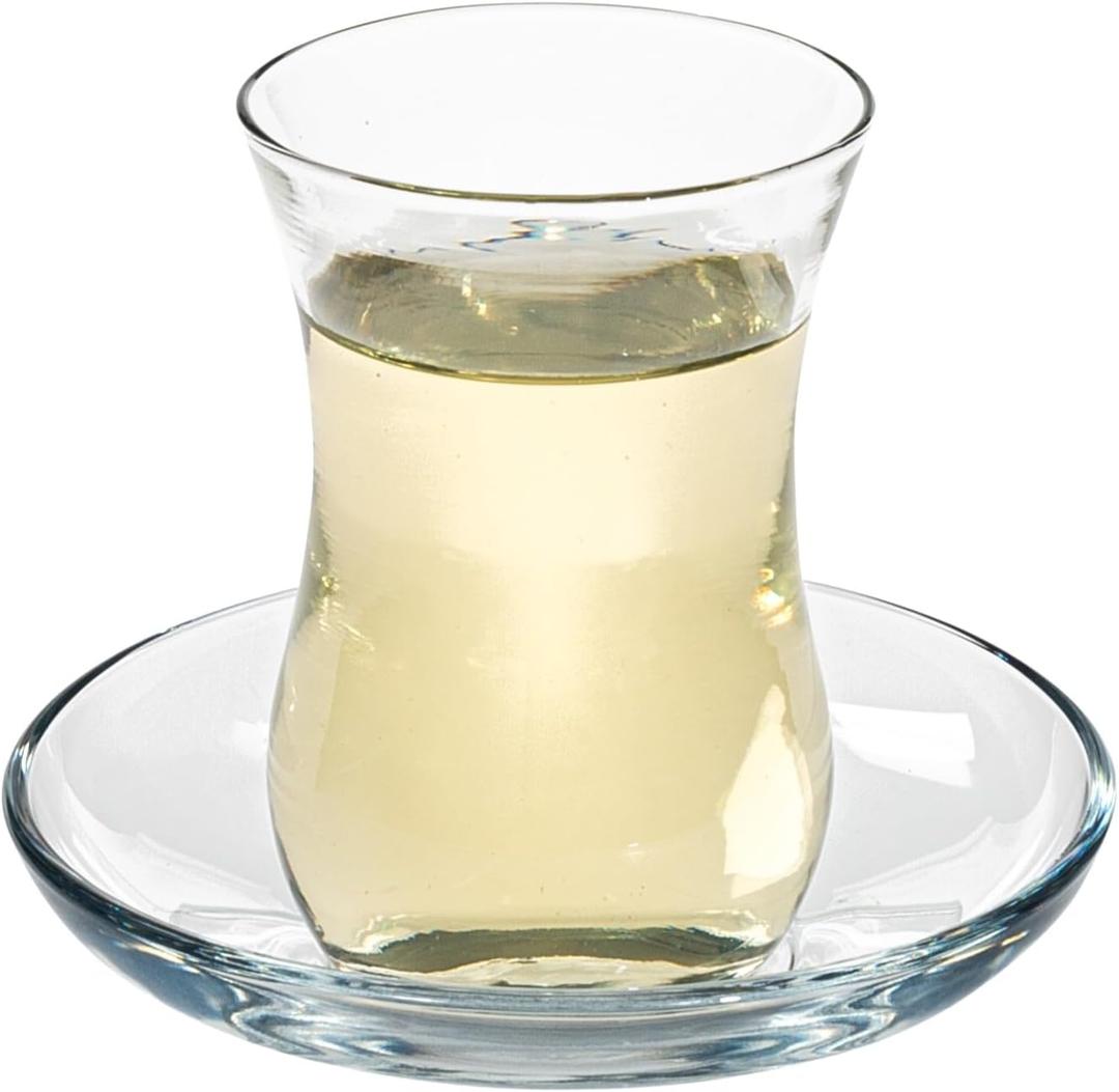 Vikko Turkish Tea Glasses and Saucers, 4 Oz Turkish Tea Cups, 6-Piece Set (Clear)