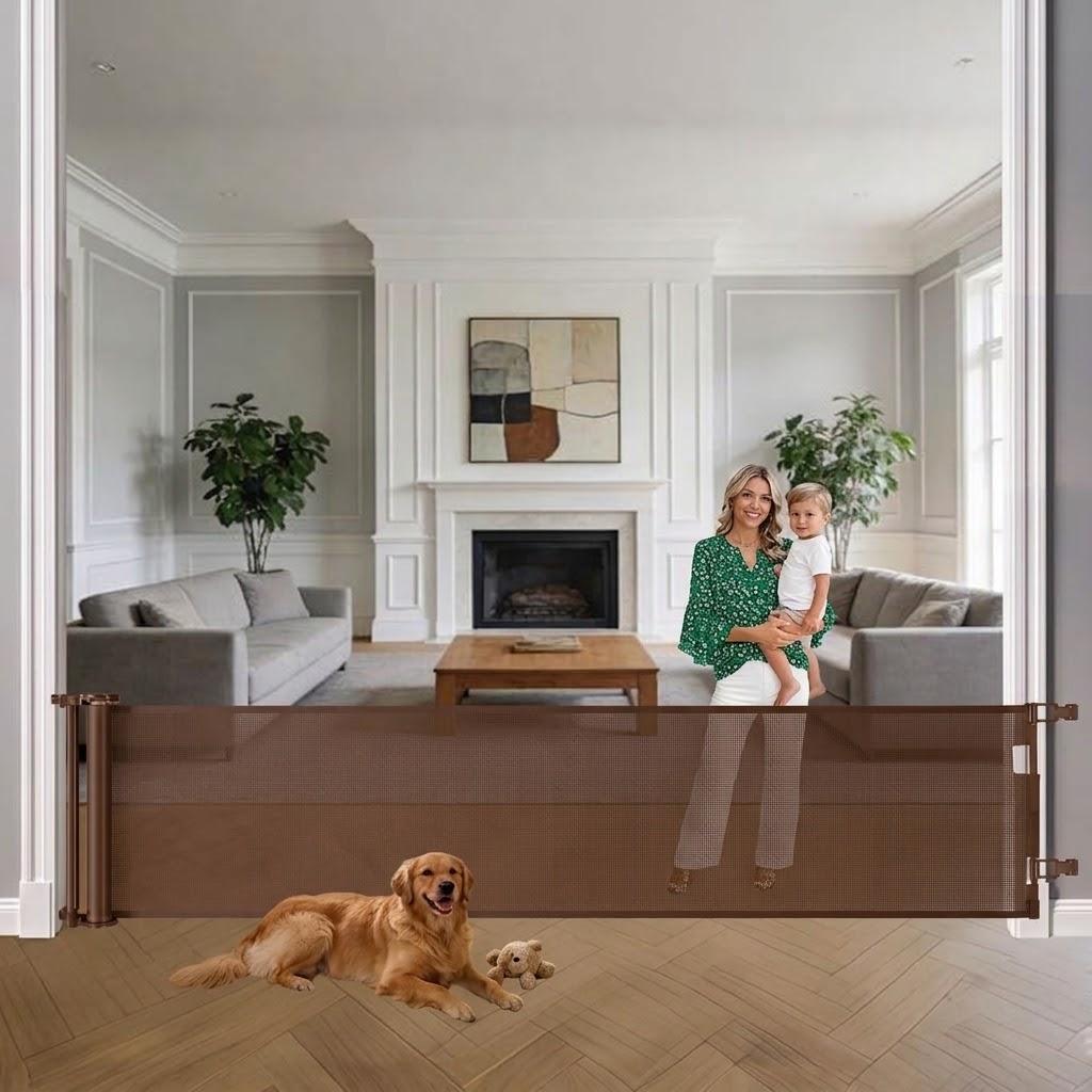 33 Tall X 140 Extra Wide Baby Gate No Bottom Bar Retractable Dog Gates for Doorways Extra Wide Baby Gates for Large Openings 11.67Ft Outdoor Pet Gate Indoor Dog Fence One-Hand Easy Operation, Brown