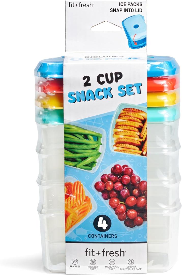 Fit & Fresh Kids' 2-Cup Chilled Containers, Set of 4 Reusable Portion Control Containers with Removable Ice Packs, BPA-Free, Freezer/Microwave/Dishwasher Safe