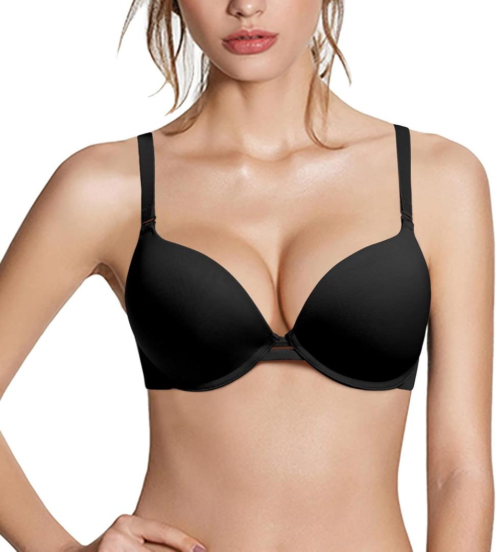 Push Up Thick Padded Plunge Underwire T Shirt Lace Bra Lift Support for Women Add One Cup (38C, Solid Black Bra)