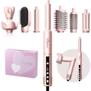 8-in-1 Hair Dryer Brush & Hot Air Styler, 110,000 RPM Blow Dryer Brush Foldable LCD Display, 4 Heat Settings Auto Curler Fast Drying Curling Straightening for Salon & Travel (Pink)