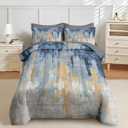 Nesker 7 Pcs Comforter Set King Size, Abstract Oil Painting Bedding Set for Kids and Adults, Navy Blue Gray Gold White Bed Sheet Sets with Fitted Sheet 2 Pillowcases & 2 Shams