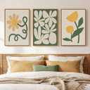 Framed Boho Abstract Wall Art Bedroom, 3 Piece Green and Yellow Mid Century Modern Canvas Artwork for Walls, Paintings Prints Botanical Floral Pictures for Living Room Dining Room Wall Decor, 16x24 In, 16" W x 24" H x 3Pcs
