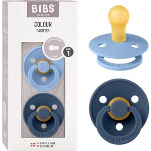 Bibs Pacifiers Color Collection, Set of 2 BPA-Free Latex Pacifiers Made in Europe, Round Nipple Baby Pacifier. (6+ Month (Pack of 2), Sky Blue / Steel Blue)