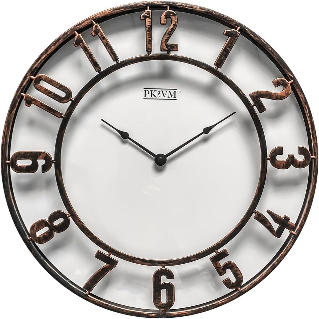 16 inch Brush Bronze Plastic Indoor Wall Clock. Large Number Round Clock. Battery Operated, Silent Non-Ticking, Decorative Clock for Home, Office and School