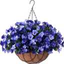 INXUGAO Artificial Hanging Flowers with 12" Basket for Outdoor Decor Fake Hydrangea UV Resistant Arrangements in Pot Planter Decor for Indoor Porch Garden Yard(Double Blue)