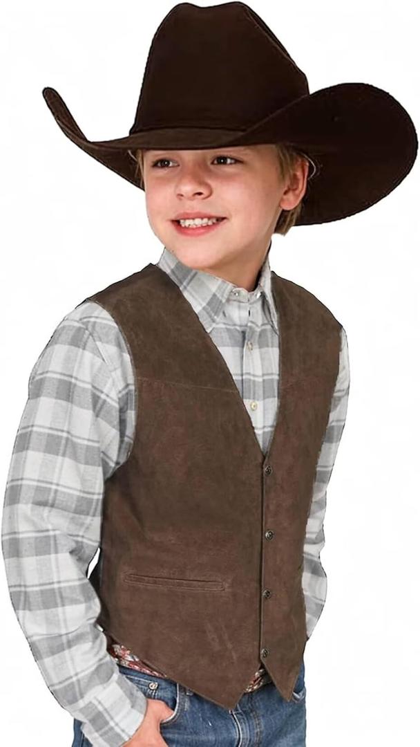 Kids Western Vest for Boys Cowboy Brown Vest Suede Leather Waistcoat Size 10