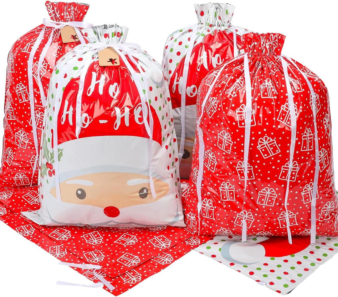 YALTOON 7 Pack Extra Large Drawstring Christmas Gift Bags, Xmas Wrapping Bags for Big Presents, Reusable Large Holiday Bag with Tags