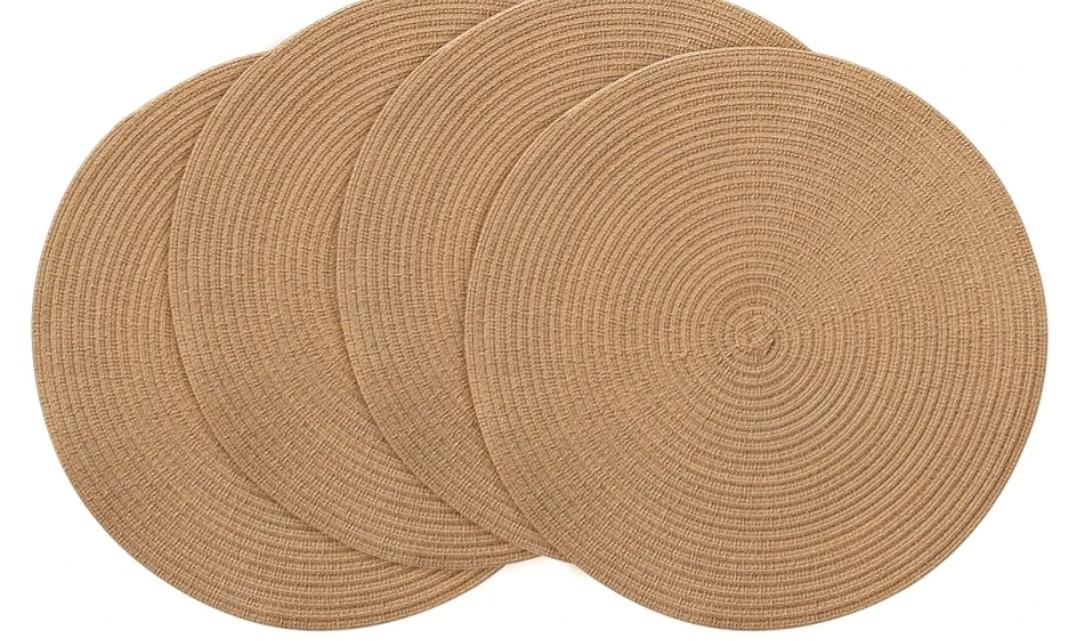 Floroom 15 Inch Round Braided Placemats Set of 4, Washable Heat Resistant Cotton Polyester Circle Place Mats for Kitchen Dining Table - Brown