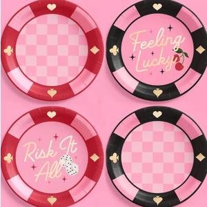 xo, Fetti Feeling Lucky Paper Plates - 24 pcs | Casino Bachelorette Decoration, Vegas Birthday Party Tablescape, Poker Night Bach Decor