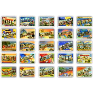 GREETINGS FROM 50 American states vintage reprints postcard set (ca. 1930-1940's). Large letter name postcards of each U.S. state. Post card variety pack. Made in USA.