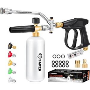 Saker Foam Cannon Dual Connector Accessory for Pressure Washer Kit,with Foam Cannon Dual Connector,Pressure Washer Gun for Car Washing and Cleaning,5 Power Washer Sprayer Nozzles (Four-Piece Set)