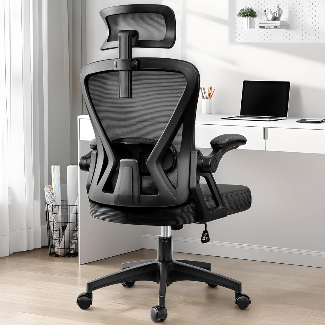 Ergonomic Office Chair, Home Office Desk Chair with Headrest, High Back Mesh Chair with Flip-up Armrests, Comfy Desk Chair with Lumbar Support, Rolling Swivel Task Computer Chair for Home Office (Black) Ergonomic Office Chair, Home Office Desk Chair with Headrest, High Back Mesh Chair with Flip-up Armrests, Comfy Desk Chair with Lumbar Support, Rolling Swivel Task Computer Chair for Home Office (Black)