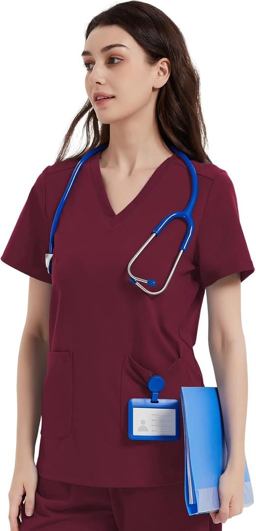 QBK Yoga Scrub Top for Women V Neck Shirt with 2 Pockets, Comfort Soft Stretch, Easy Care (Medium, Wine Red) QBK Yoga Scrub Top for Women V Neck Shirt with 2 Pockets, Comfort Soft Stretch, Easy Care (Medium, Wine Red)