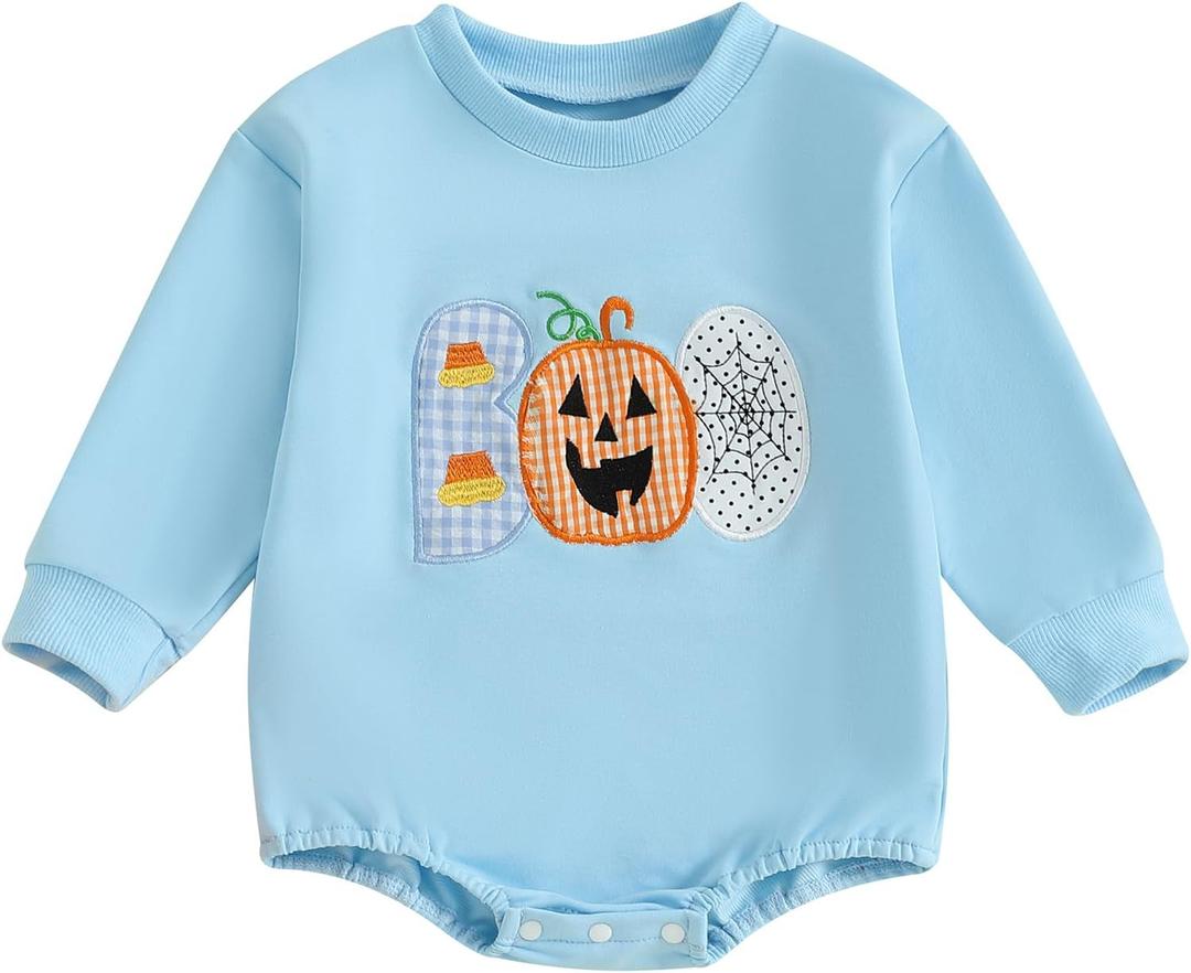 Baby Boy Girl Halloween Boo Outfit Candy Corn/Pumpkin/Spiderweb Oversized Sweatshirt Romper Newborn Fall Clothes (Blue)