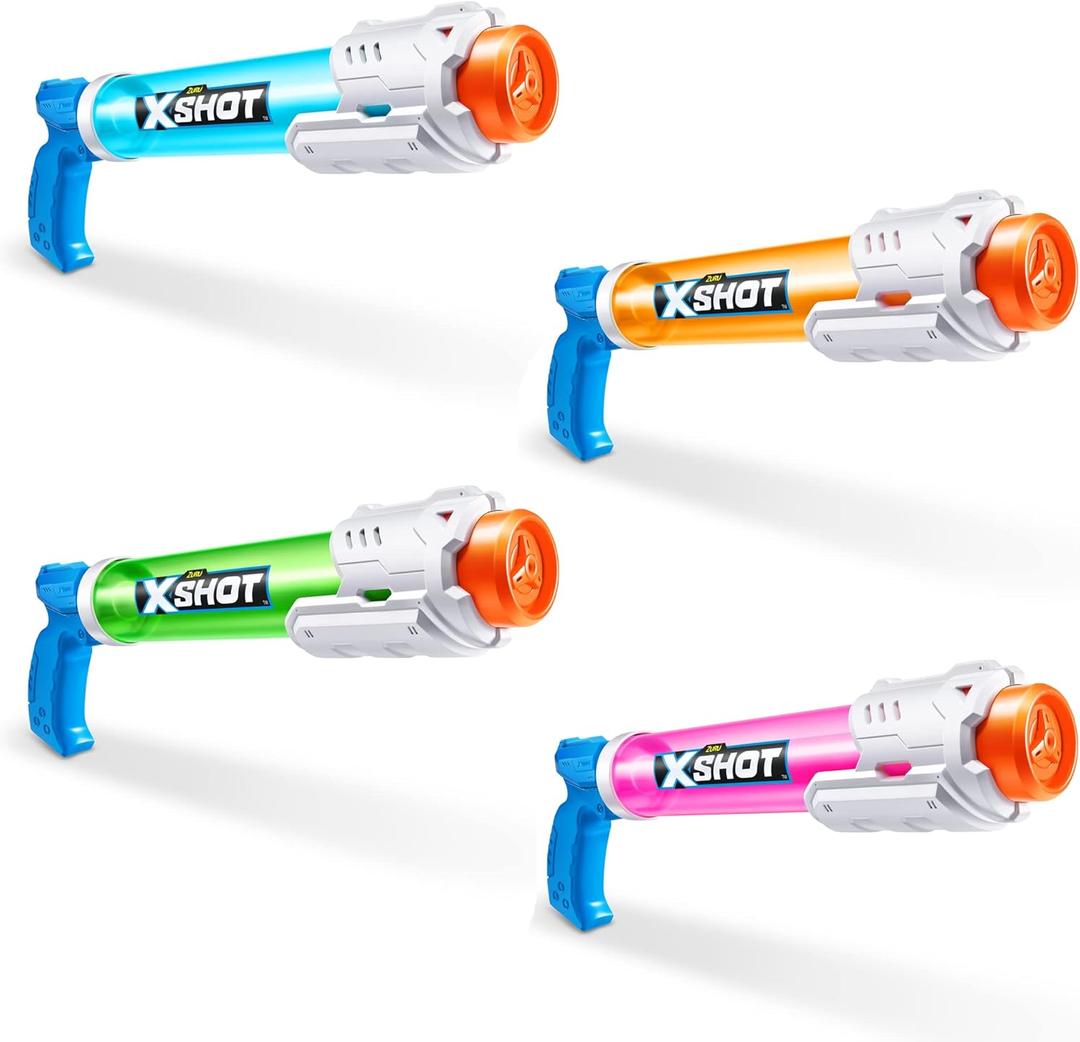 XSHOT Water Warfare Small Tube Soaker (4 Pack) by ZURU Super Soaking Pump Action, Pool Party Pack, Fills up to 380ml, Shoots up to 8 Meters, for Boys, Girls, Children
