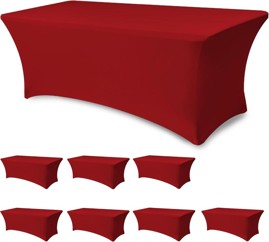 Spandex Table Cover for 6 foot Rectangle Tables-8 Pack Fitted Stretch Red Tablecloth-Elastic 6ft Christmas Tablecloths for Party, Vendor Booth Display, Banquet Buffet Event, Craft Trade Show