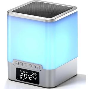 winshine Alarm Clock with RGB Night Light, Bluetooth Speaker, Colorful Music Rhythm Sync, Wake Up with Sound & Light, Touch Control, SD Card/AUX Support, Auto-Off Timer (Silver Quadrate)