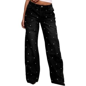 Tbahhir Sparkly Jeans for Women High Waist Wide Leg Bling Glitter Studded Baggy Denim Pants Trendy Trouser with Pockets (Black, XL)