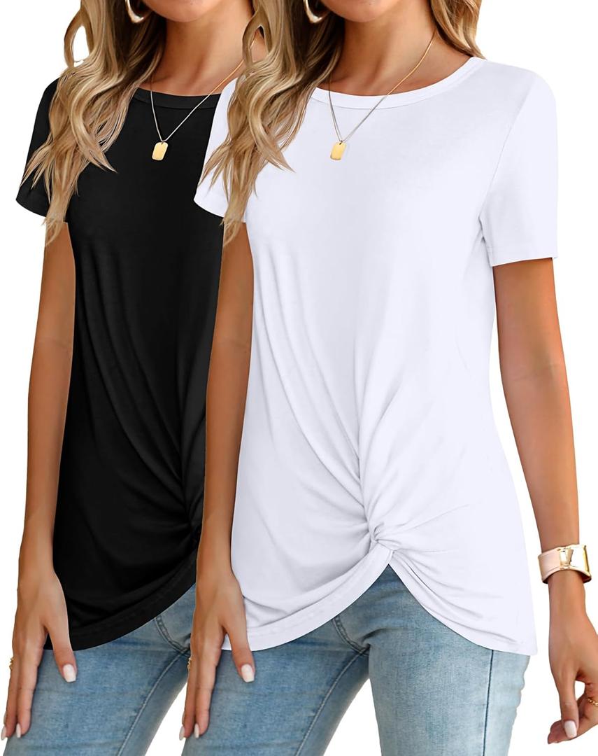 Ficerd 2 Pcs Womens Casual Tunic Tops Twist Knot Short Sleeve T Shirt Summer Tees Crew Neck Shirts Loose Comfy Blouses