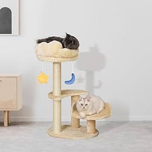 Kitten Cat Tree for Small Cats Under 6 Months, 24.4in Cloud Cat Scratching Post with Bed & Toys, Max Weight 5lbs, Compact Cat Tower with Dangling Balls, Begie