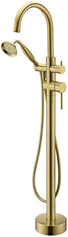Wowkk Tub Filler Freestanding Bathtub Faucet Brushed Gold Floor Mounted Brass Bathroom Tub Faucets with Hand Shower