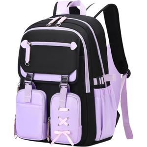 Cute Aesthetic Girls Backpack, Elementary Middle High School Student Book Bag for Kids Teens, Large Capacity Kawaii Preppy Bow Tie Bookbag for Ages 6-8 8-10 10-12 (Purple)